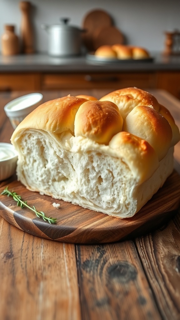 Fluffy cloud bread on a wooden table with Greek yogurt and herbs.